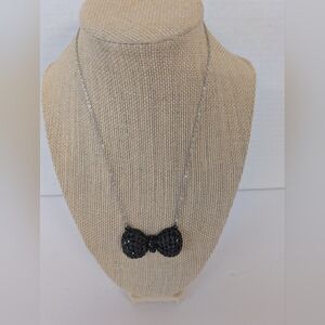 Black Crystal Bow Pendant Necklace In Whimsy Goth Style